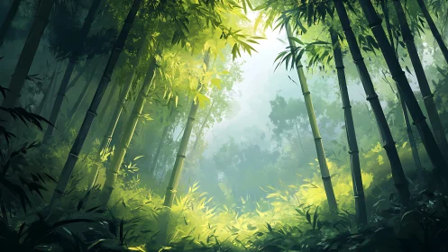 Sunlit Bamboo Forest Path Glows With Peaceful Serenity