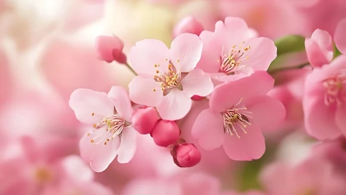 Blushed Petals Waltz: Pink Blossoms in Golden Reverie.