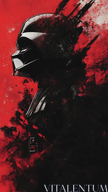 Side-profile helmeted figure in red and black digital abstraction.