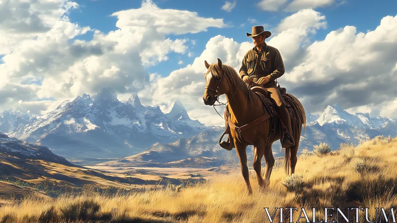 Mountaineous high-plains cowboy on bay horse in raking light.