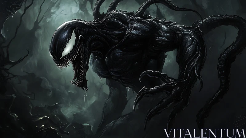 Alien symbiote creature lunges through fog-drenched forest
