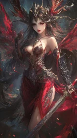 Crimson winged warlady ascends from molten twilight steel.