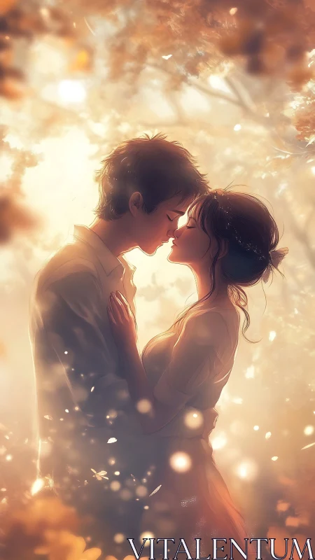 Luminous embrace between silhouetted figures in golden light.