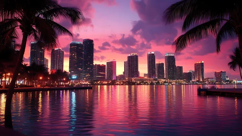 Sunset city skyline glows gently over calm tropical water
