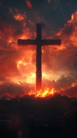 Cruciform blaze rising through stormlit infernal heavens.