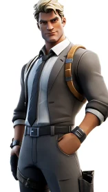 Stylized suited agent stands confident with tactical gear