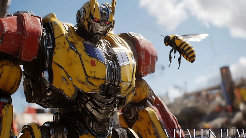 Yellow armored robot with flying mechanical bee companion.