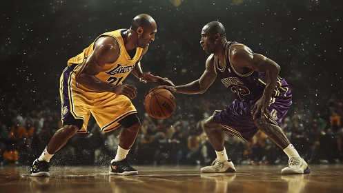 Basketball duel of two opposing players in tense standoff.