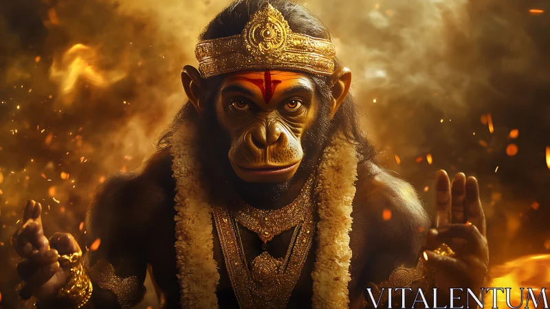 Divine monkey deity glows amid swirling golden embers.