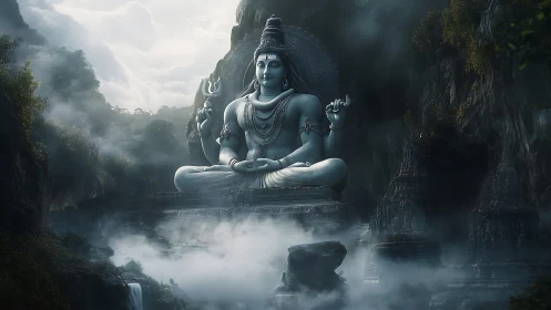 Colossal Shiva statue seated in misty mountain valley.