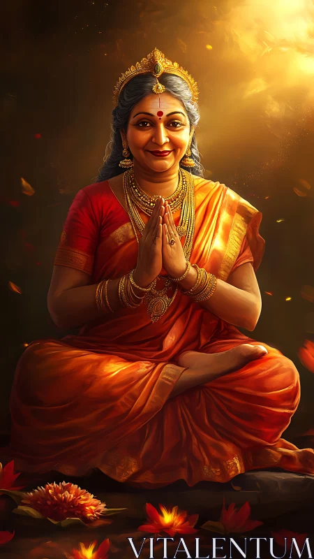 Serene Indian woman in orange sari seated in warm light