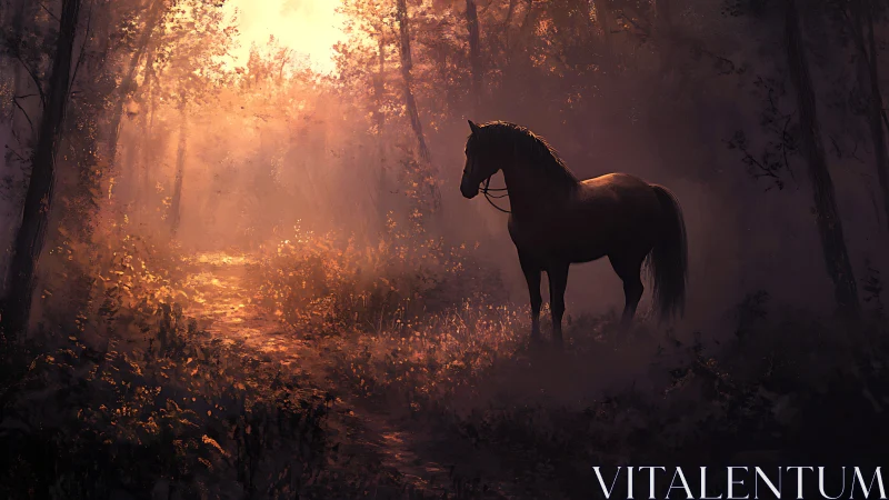 Gentle horse waiting in a golden, dreamlit forest path.
