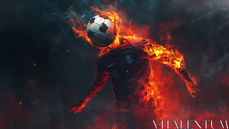 Flaming soccer figure charges through smoky inferno field.