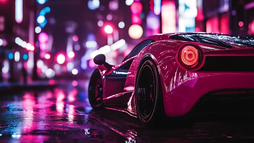 Low rear view of sports car on wet neon city street.