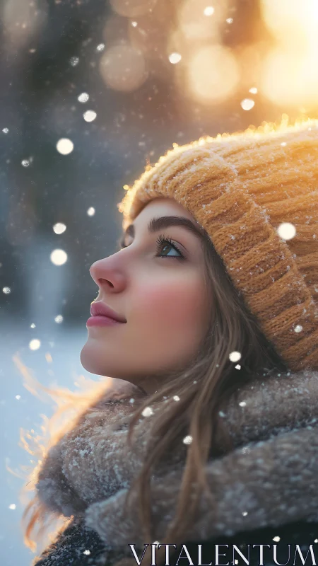 Side-profile winter portrait under backlit snowfall bokeh.