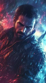 Storm-lit warrior portrait in neon bicolor cinematic rain.