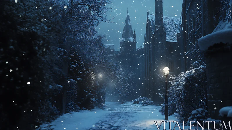 Snowfall hush drapes a gothic lane in blue winter hush.