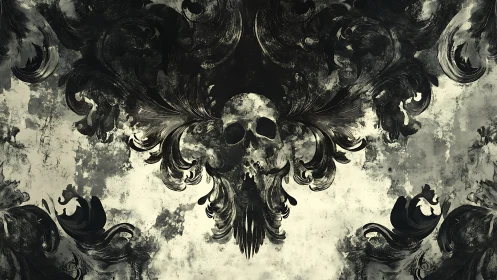 Dark skull flourishes swirling through mist and shadow.