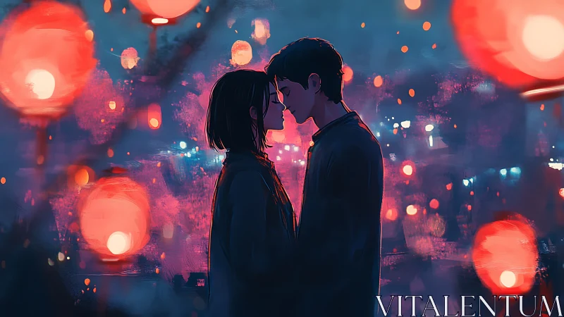 Intimate couple silhouette against bokeh lantern nightscape