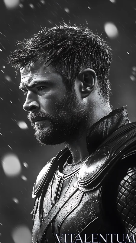 Monochrome heroic portrait in rain with cinematic side profile.