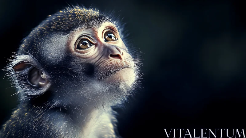 Gentle baby monkey gazes upward with soft, wondering eyes