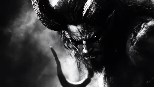 Demonic horned warrior emerges from monochrome inferno