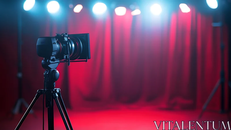 Cinema camera on tripod frames red stage under frontal LED spots