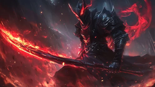 Armored figure holds flaming sword in dark, ember-filled scene