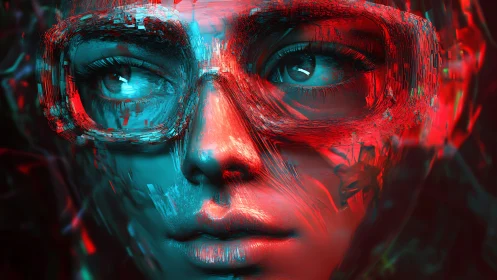 Cyberpunk portrait with glitch visor and neon red light.