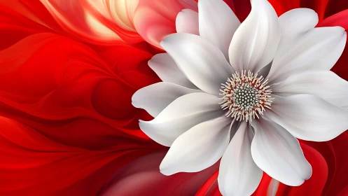 White digital flower over abstract crimson silk waves.
