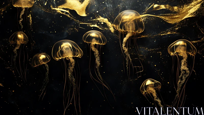 Gilded jellyfish drifting through an inky cosmic tide.