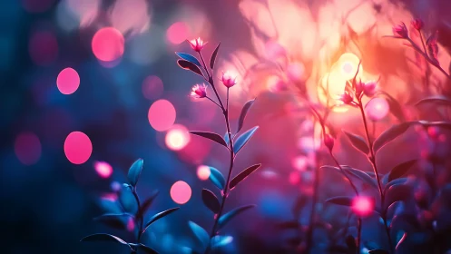 Delicate Flowers Illuminated by Luminous Bokeh in Dreamlike Garden.