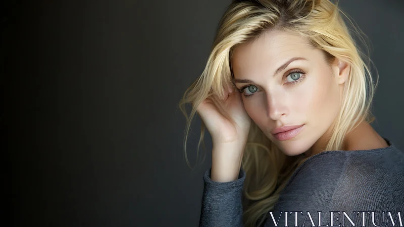 Portrait of blonde woman in soft lighting, modern natural style.