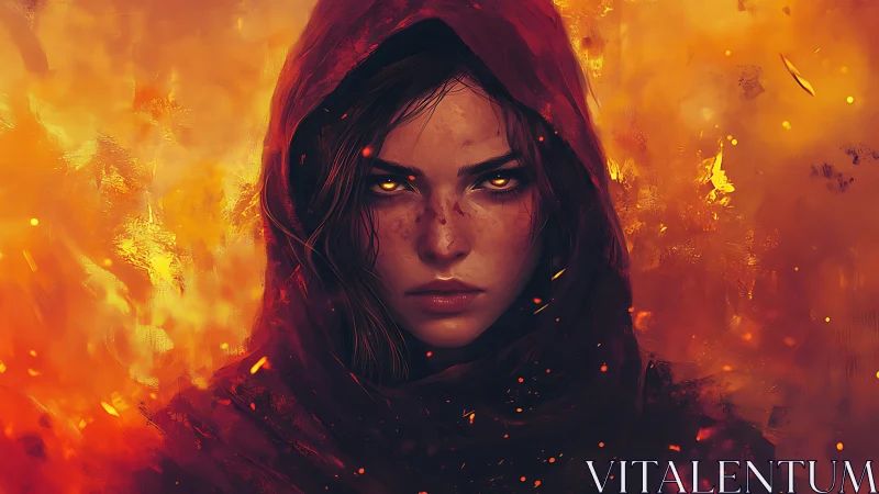 Firelit sorceress portrait with glowing ember eyes in hooded cloak.