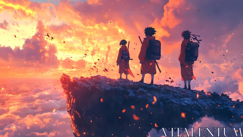 Anime travelers stand on sky cliff at burning sunset horizon