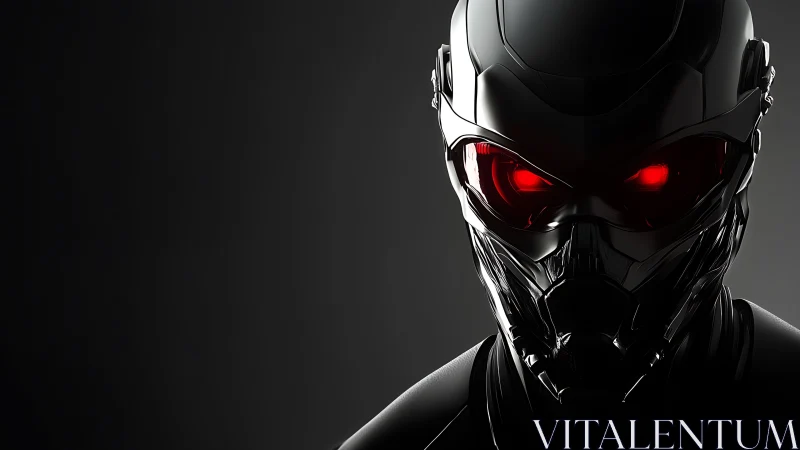Shadowed cyber sentry with glowing red gaze poised calmly.
