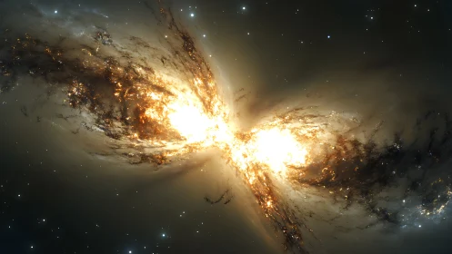 Colliding fiery galaxies in deep outer space viewed close up.
