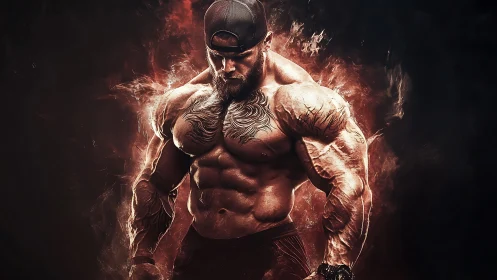 Digital muscle titan in fiery bodybuilding portrait.