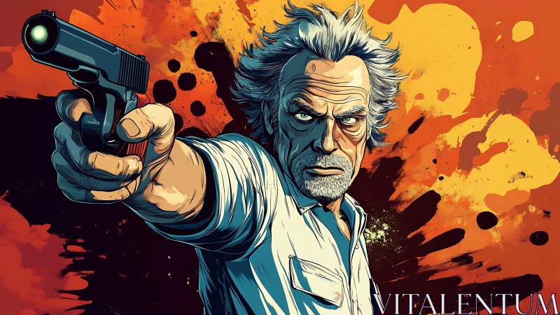 Grizzled gunman aiming pistol over bold orange backdrop.