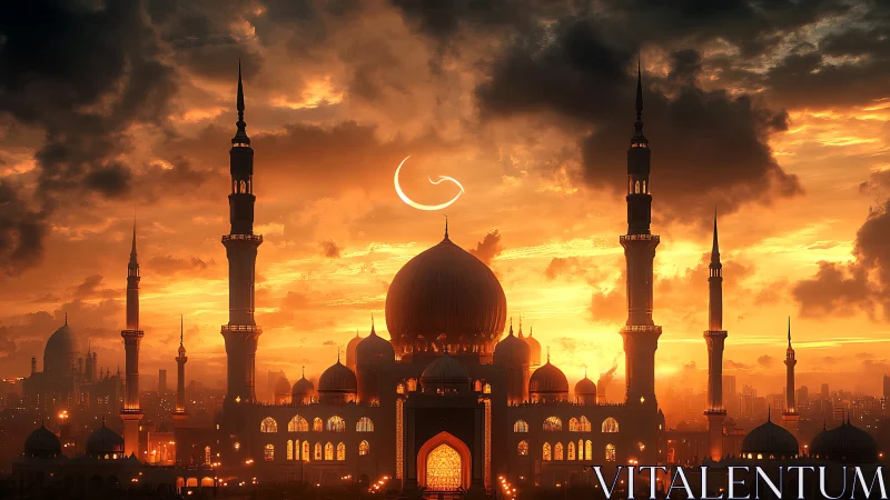 Golden sunset embraces a glowing domed mosque skyline