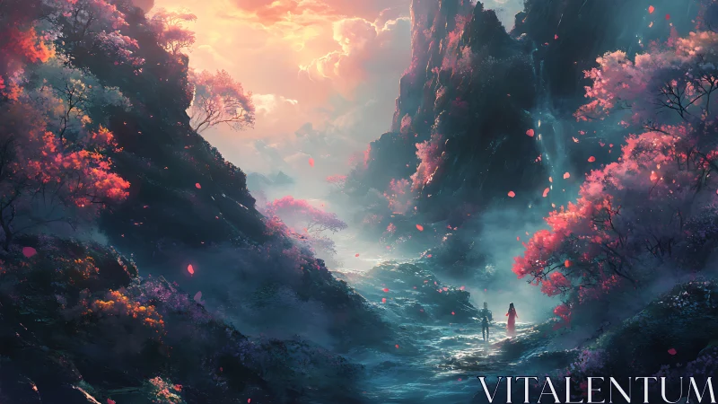 Fantastical mountain valley rendered in luminous digital painting