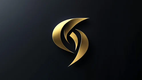 Elegant abstract gold logo on black background, 3D metallic style.