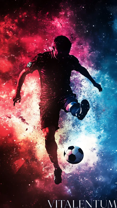 Bipolar nebula soccer silhouette under chromatic particle burst.