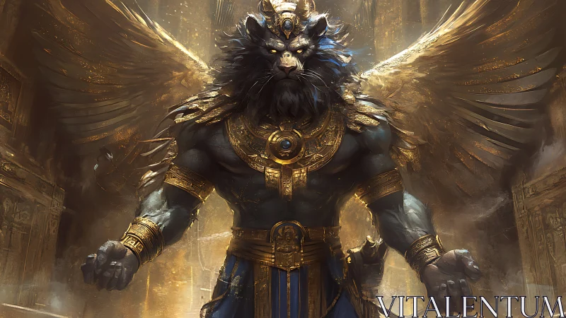 Winged leonine war deity rendered with ornate golden armor details