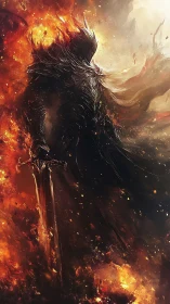 Infernal bladebearer emerging from swirling molten firestorm.