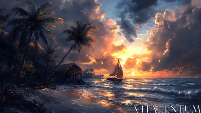Sailboat offshore near tropical hut under dense sunset clouds.