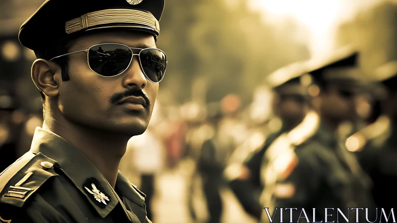 Sunglassed officer carves calm focus through parade haze