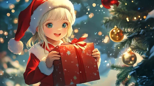 Smiling anime girl in Santa outfit holding red gift box.