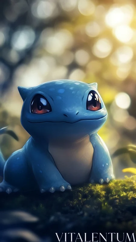 Cartoon blue creature sits on moss in shallow depth of field