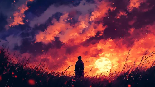 Solitary wanderer pauses beneath a blazing red twilight sky